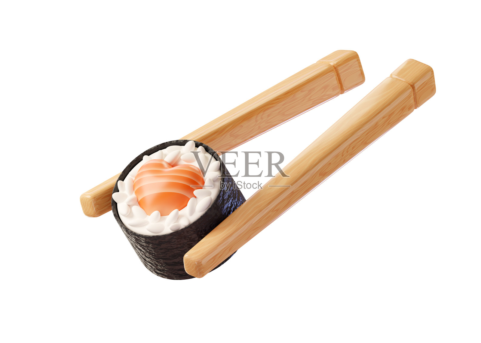 可爱的寿司卷，两根筷子夹着心形的鲑鱼。喜欢寿司。寿司吧，日本餐厅，亚洲食品外卖。三维渲染图照片摄影图片