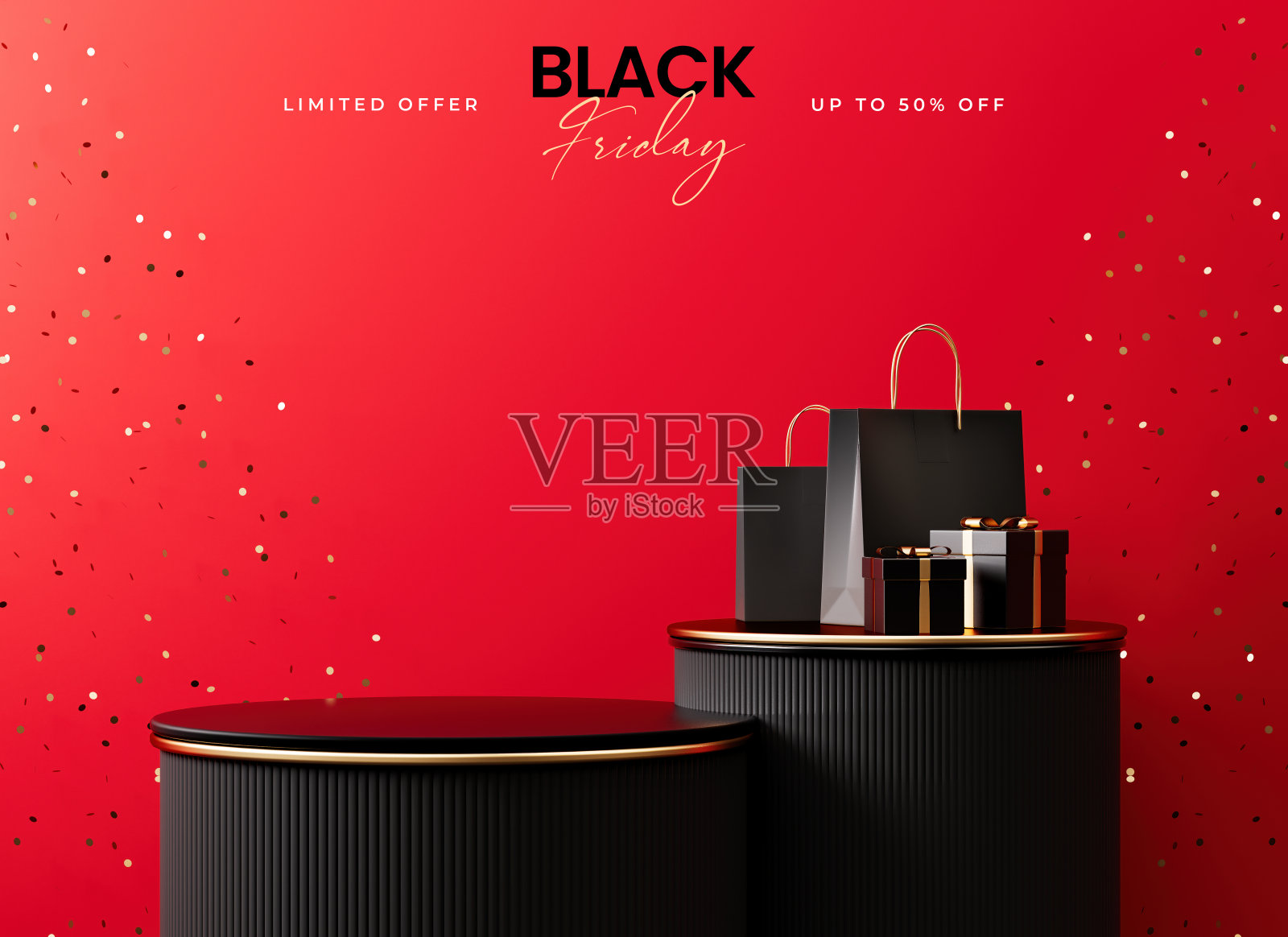 黑色星期五横幅模板与一个领奖台平台，黑色和金色的东西在一个红色背景的产品站在3D插图照片摄影图片