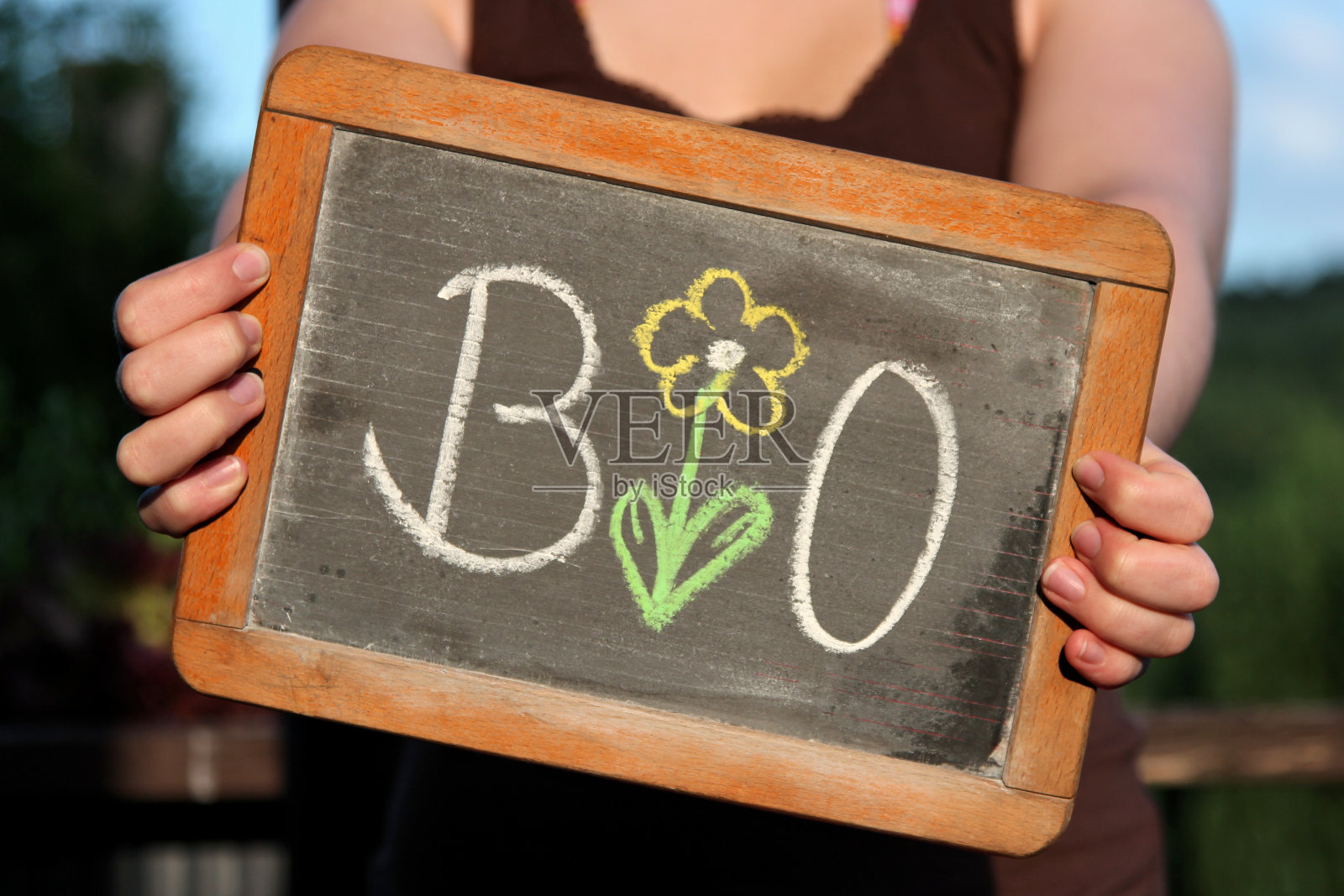 年轻女性在石板上用粉笔写的花的生物照片摄影图片