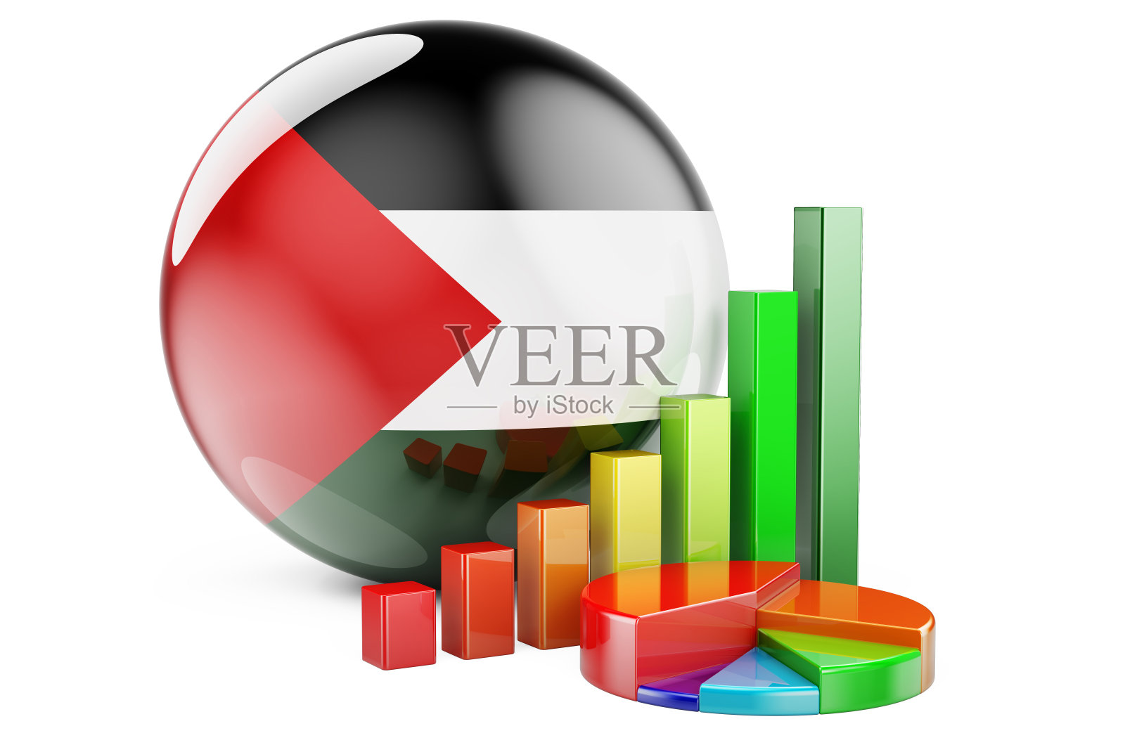 带有条形图和饼状图的巴勒斯坦国旗。商业、金融、巴勒斯坦经济统计概念。三维渲染照片摄影图片