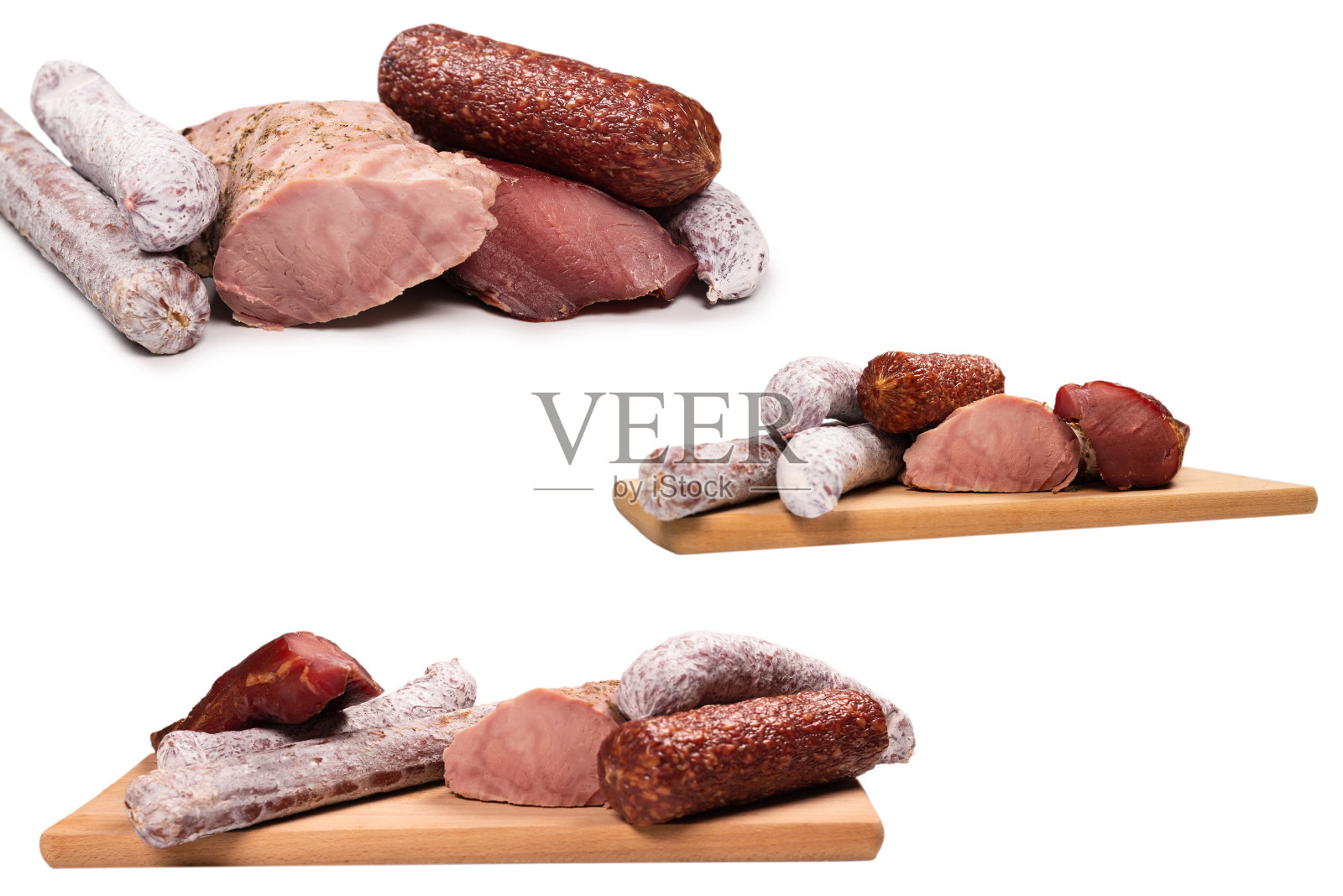 各种肉类，烟熏肉，香肠，腊肠隔离上一白。照片摄影图片