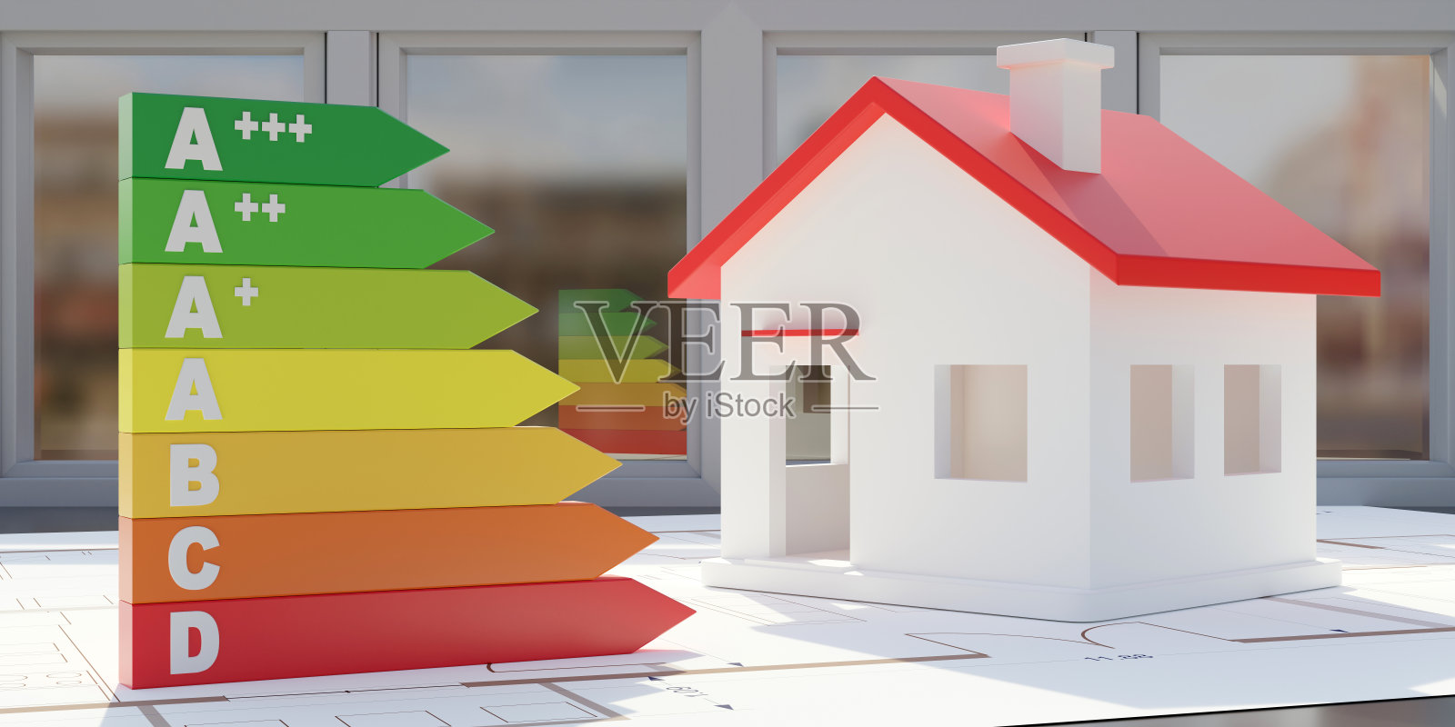 能源效益标签，小房子的蓝图绘制在能源玻璃背景。三维渲染照片摄影图片