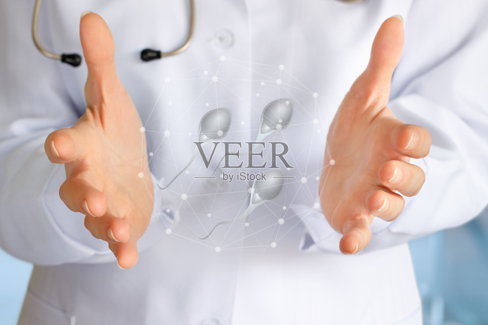 医生展示精子的手。照片摄影图片