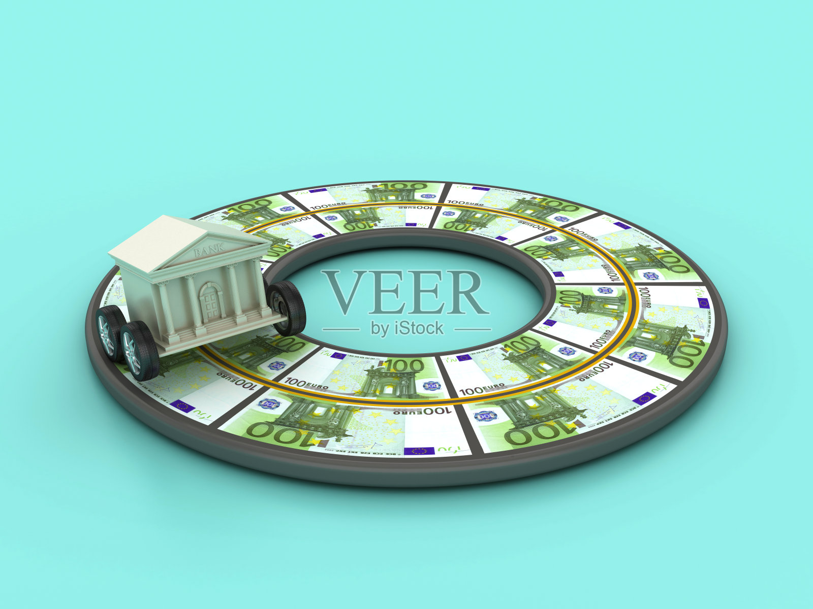 环形3D道路与欧元纸币和银行照片摄影图片