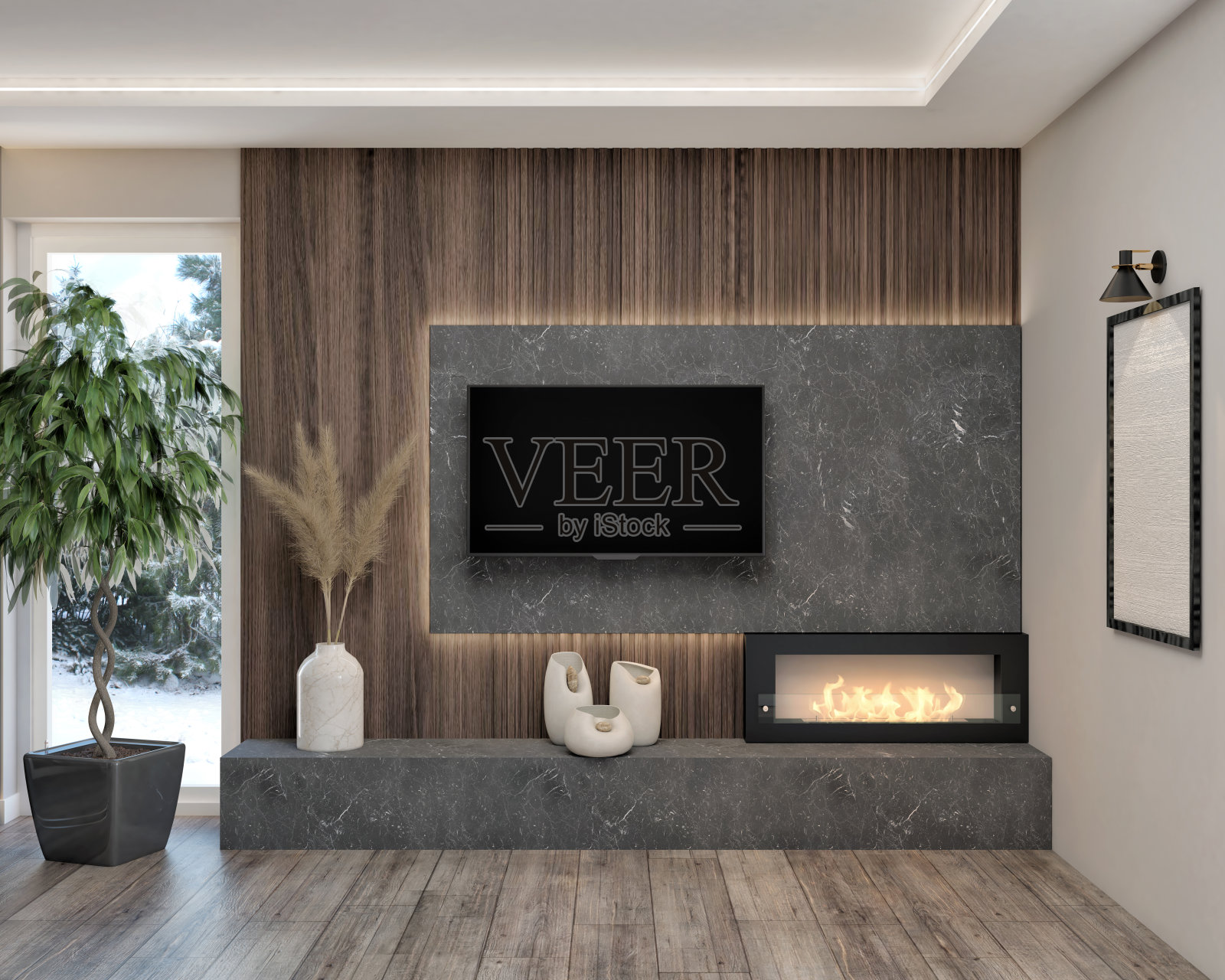 现代客厅室内设计和装饰电视区采用木质和黑色大理石照片摄影图片