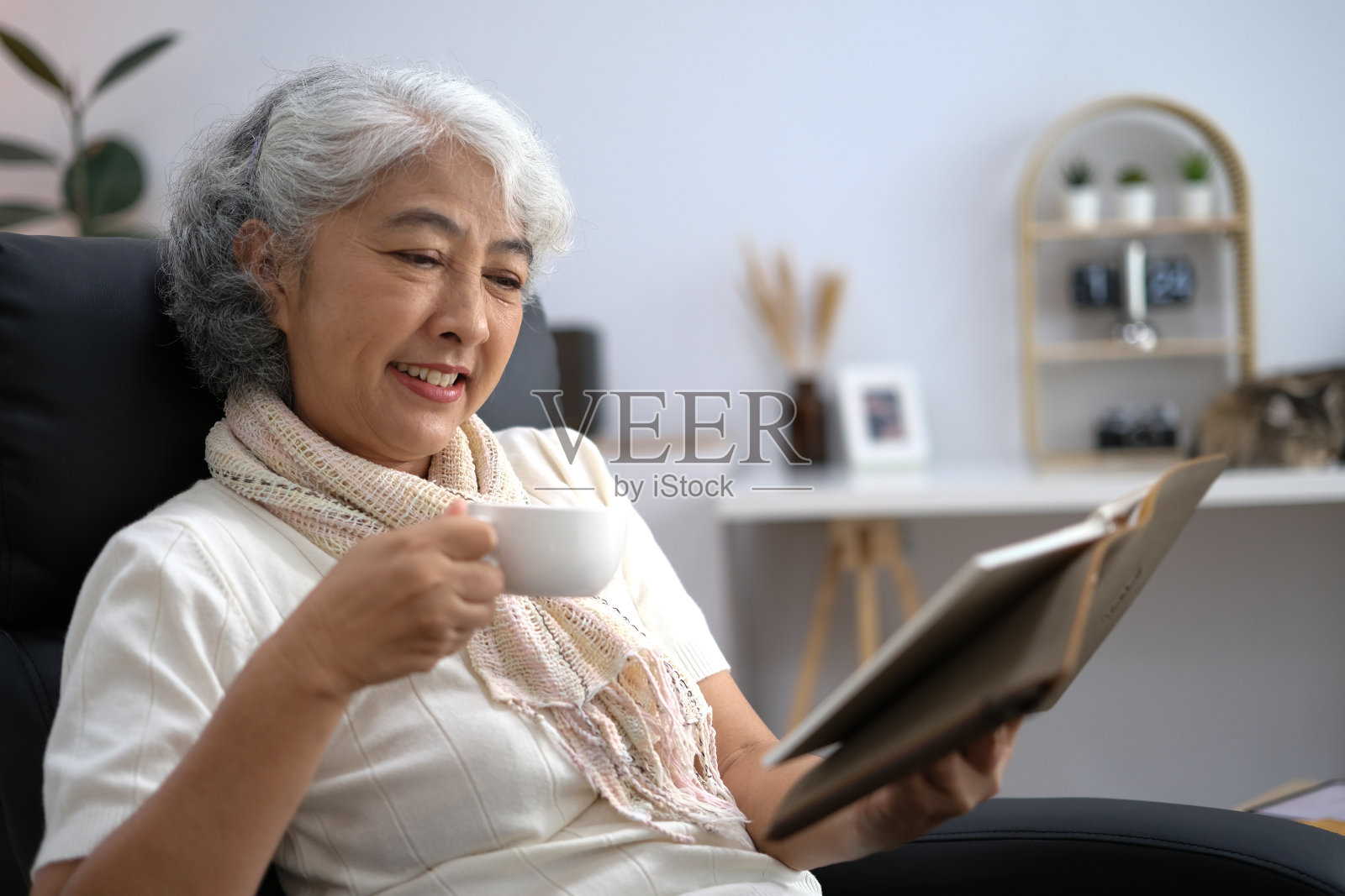 美丽放松的老年妇女坐在家里的扶手椅上看书的肖像照片摄影图片