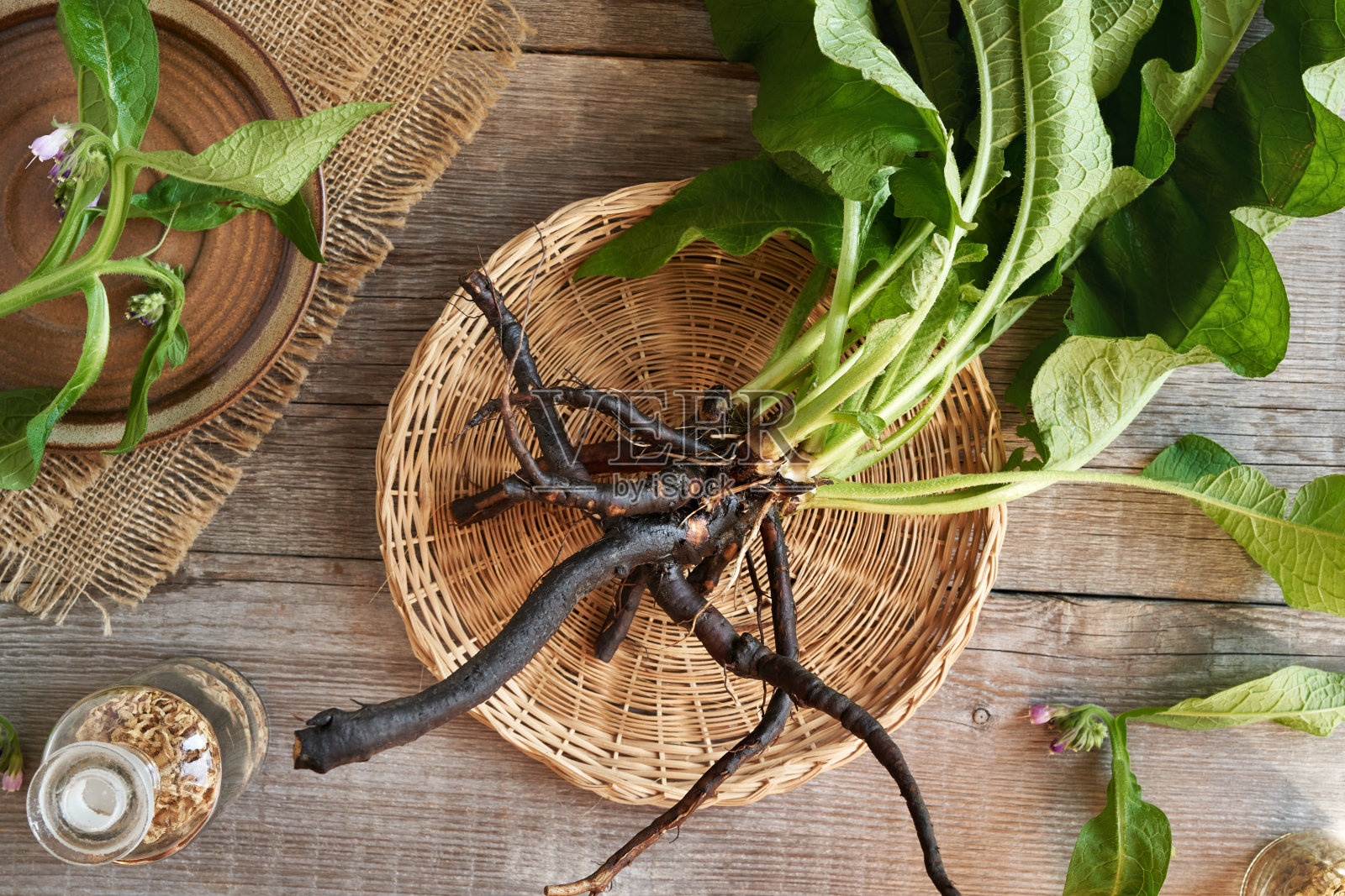 整个紫草根放在木桌上照片摄影图片