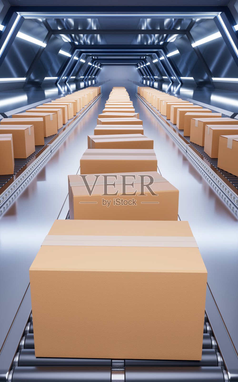 包装盒和传送带，3d渲染。照片摄影图片