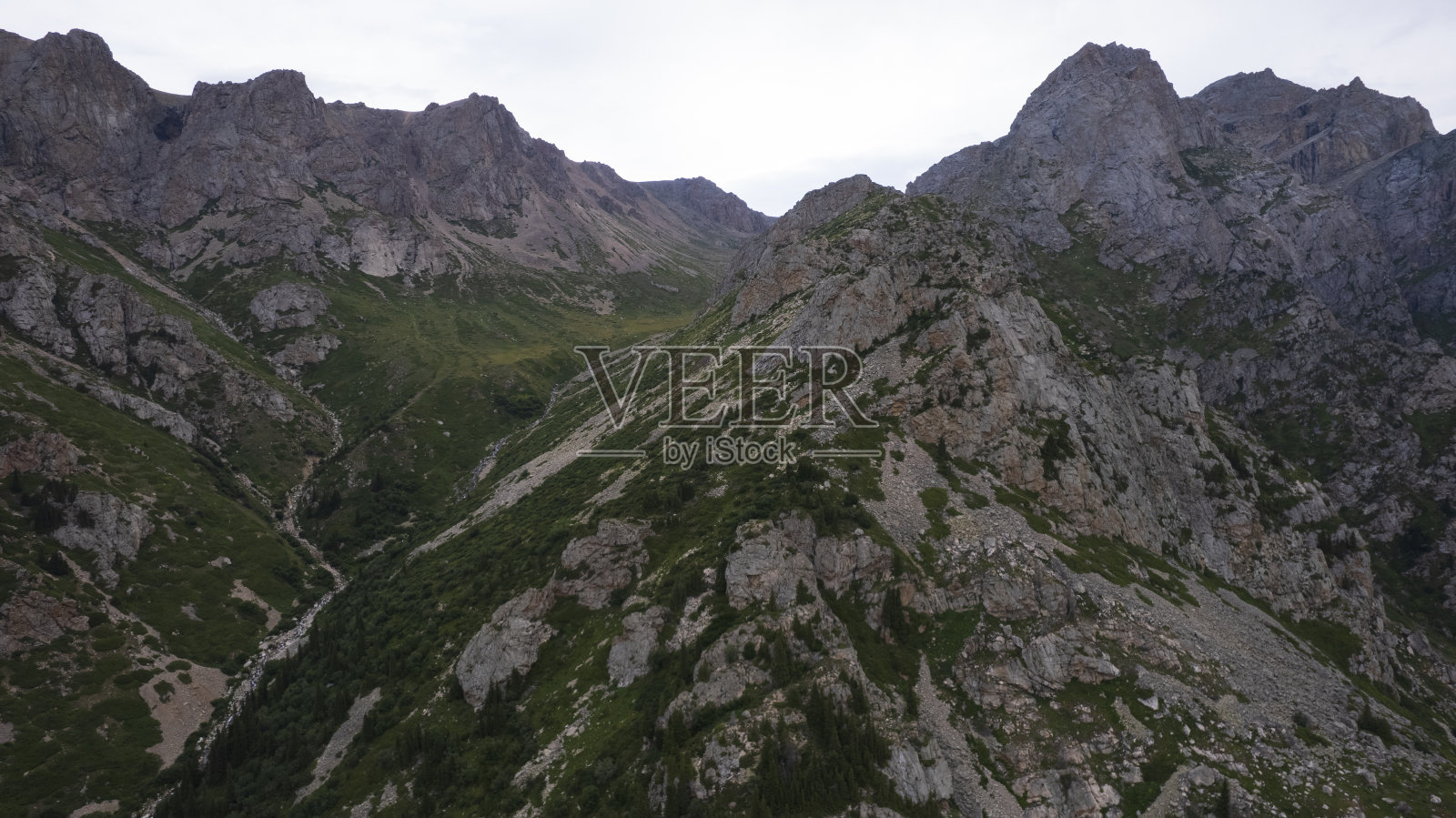 无人机看到的绿色峡谷有高高的岩石悬崖照片摄影图片