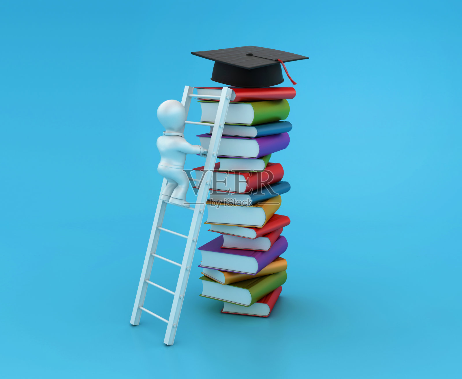 带楼梯和毕业帽的一摞书照片摄影图片