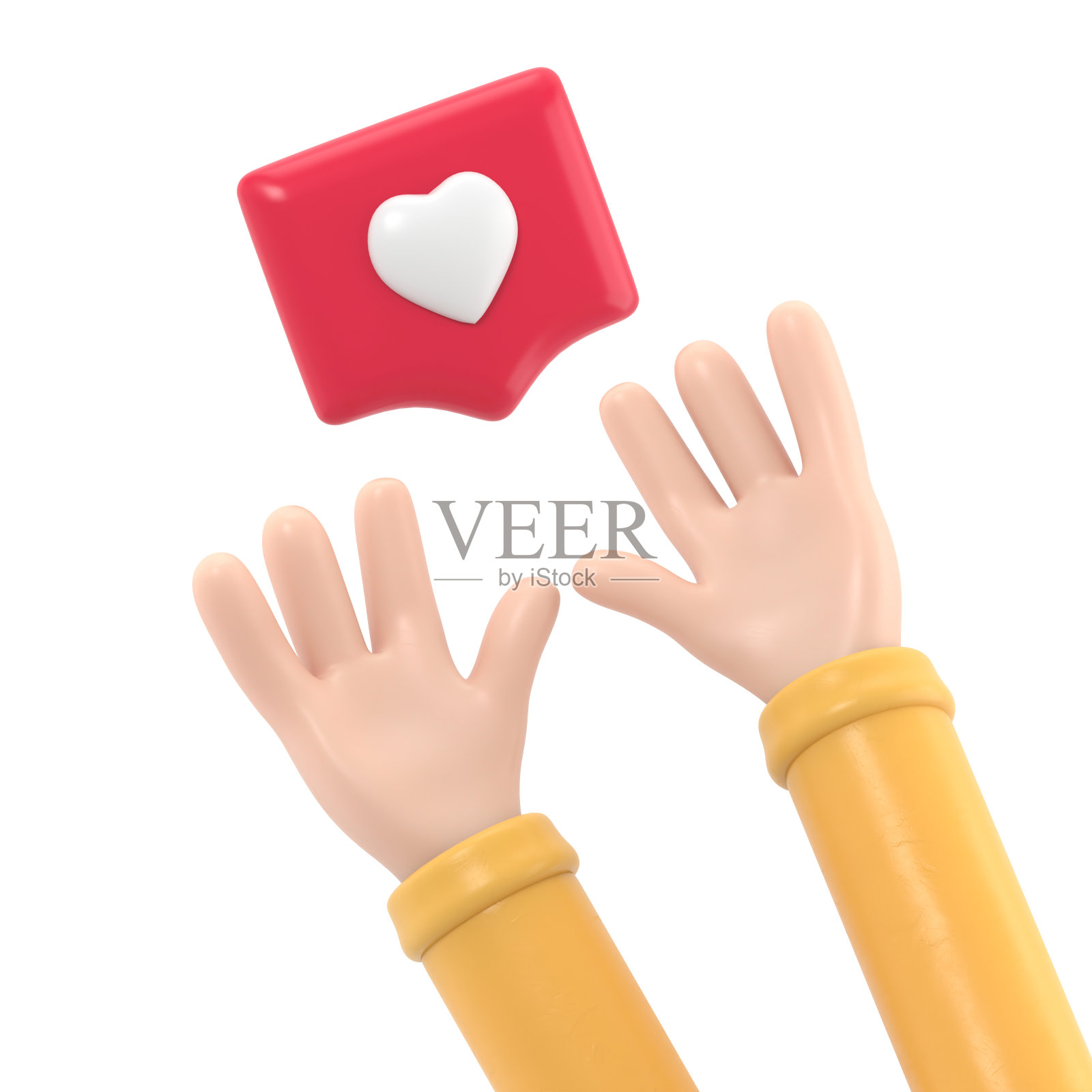 手伸向别针，就像带着翅膀的心。社会隐喻，揭示新受众的概念，发表评论。白色背景的3D渲染。照片摄影图片