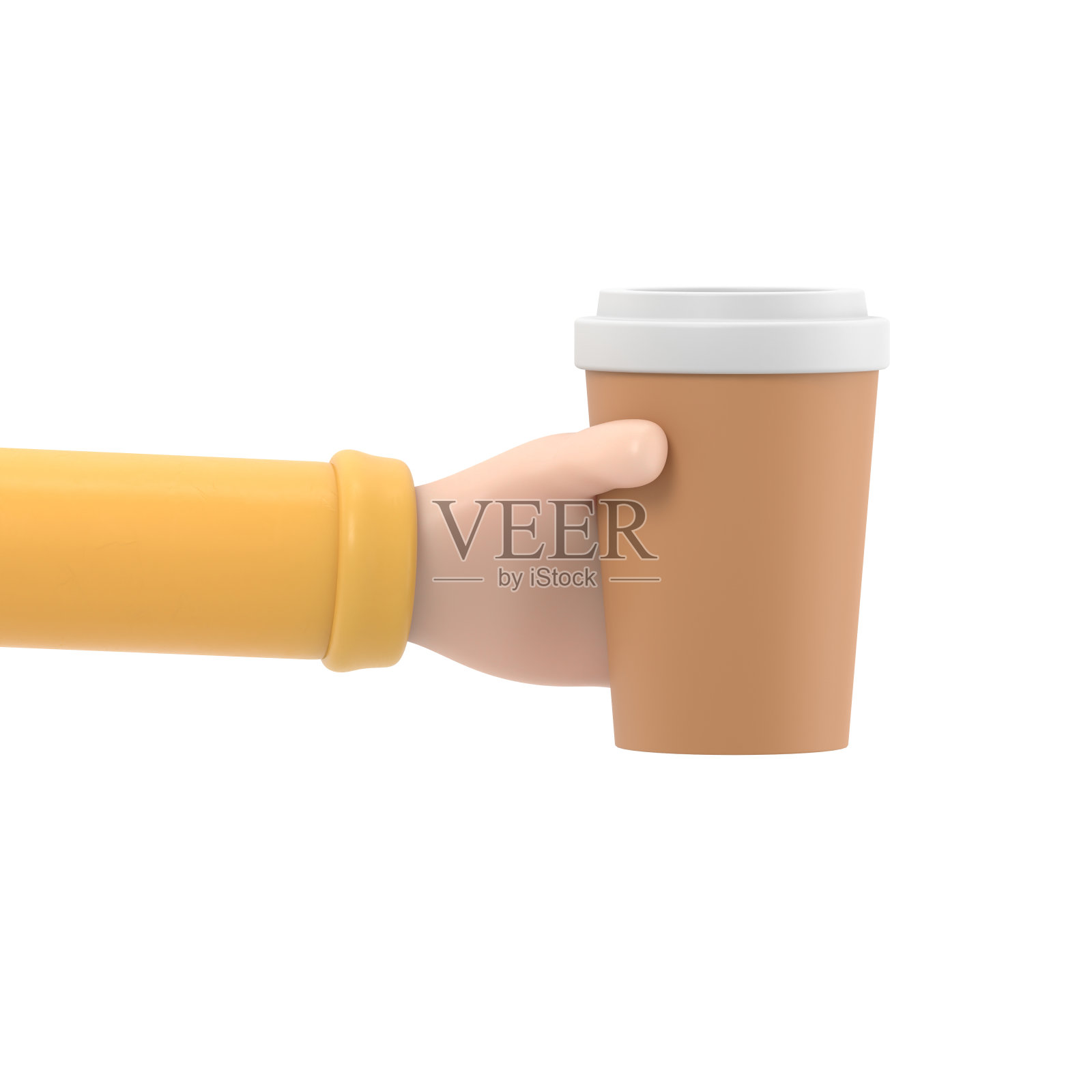 卡通手势图标模型。Сup手中的咖啡，白底3D渲染。照片摄影图片