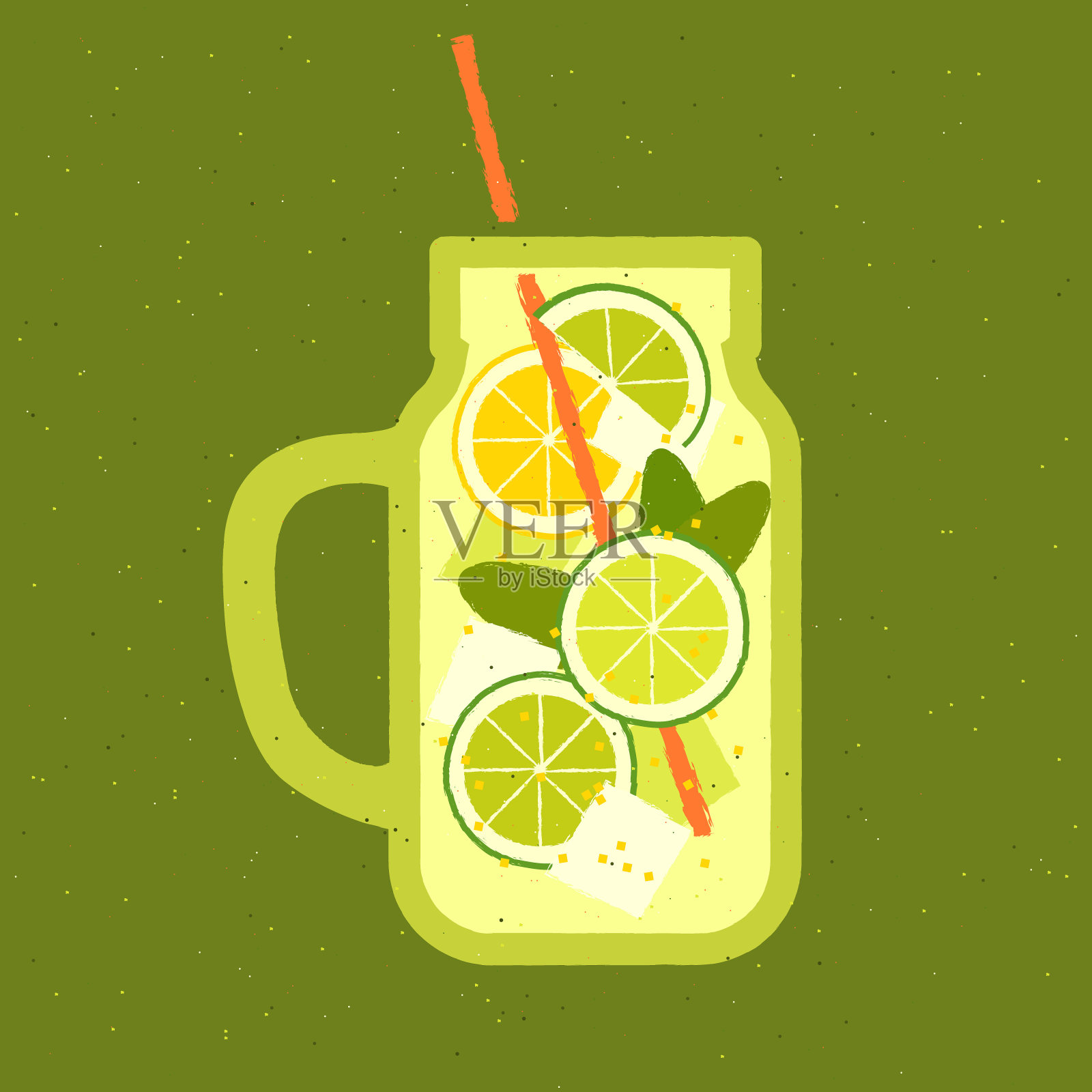 酸橙和柠檬无酒精鸡尾酒。清凉的无酒精饮料，加薄荷和冰块插画图片素材