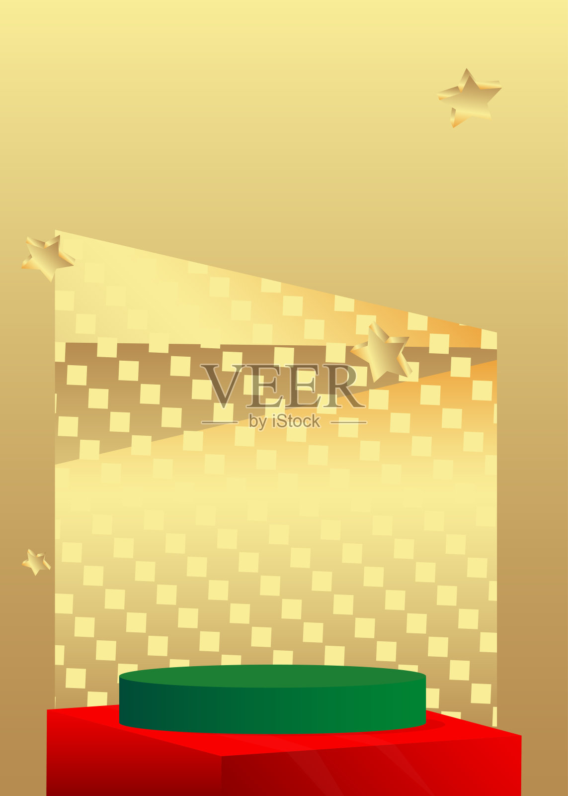 绿色，金色和红色的模型产品展示。逼真的矢量3D房间，圆柱基座讲台，舞台展示。插画图片素材