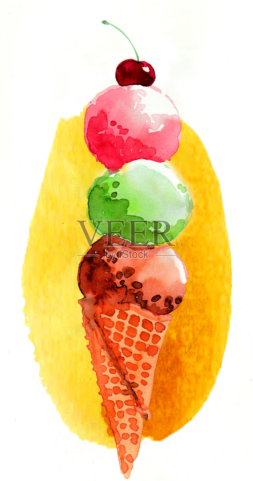 上面有樱桃的甜筒冰激凌插画图片素材