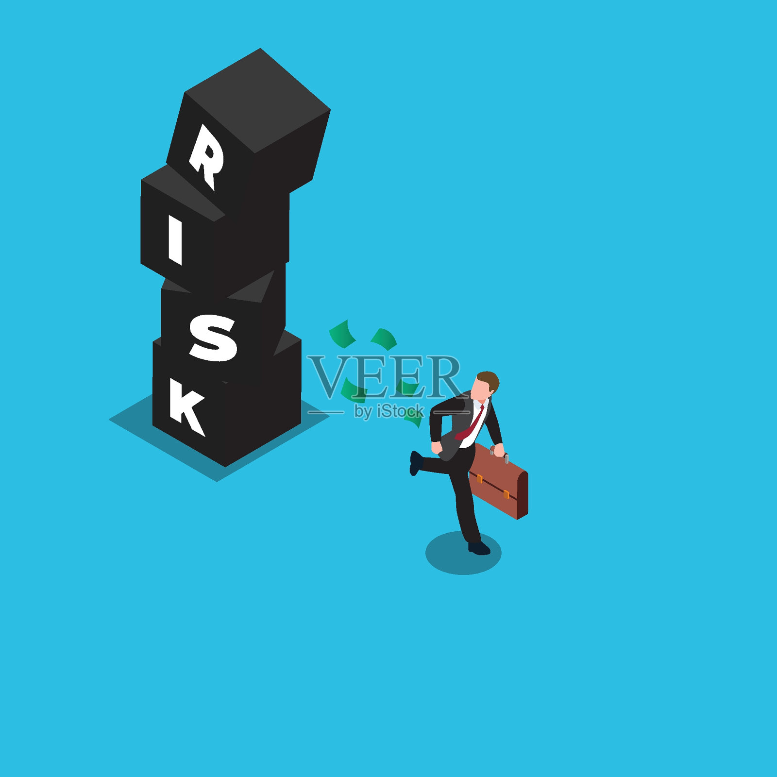 商人投资者逃离风险崩溃的盒子，不确定性插画图片素材