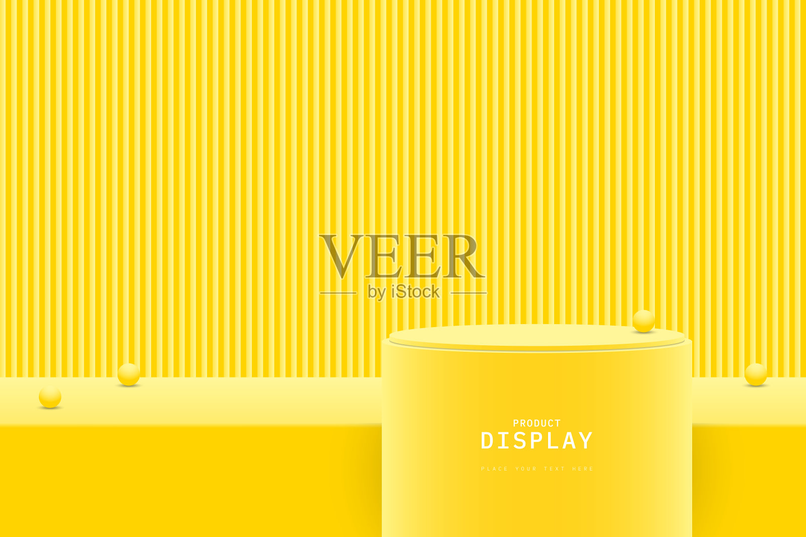现代黄色3D圆柱体逼真地放置在桌子台座前的讲台上。最小场景的产品展示模型。展示的舞台。促销的一天。三维矢量几何。插画图片素材