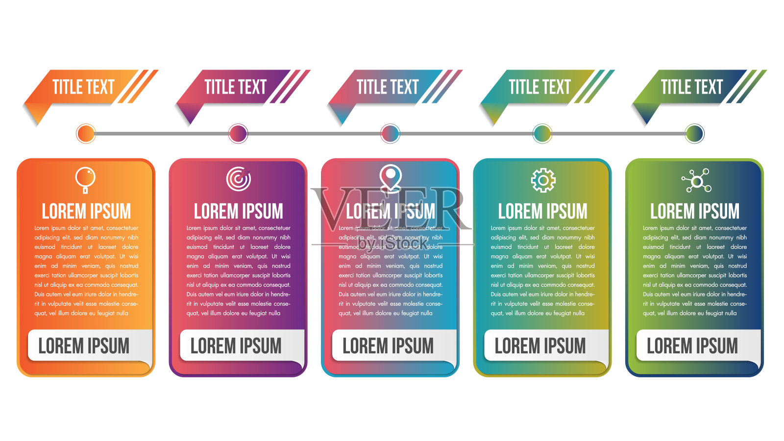 商业信息图道路设计模板与图标彩色针指针和5个数字选项。可用于流程演示，工作流布局，图表，横幅。插画图片素材