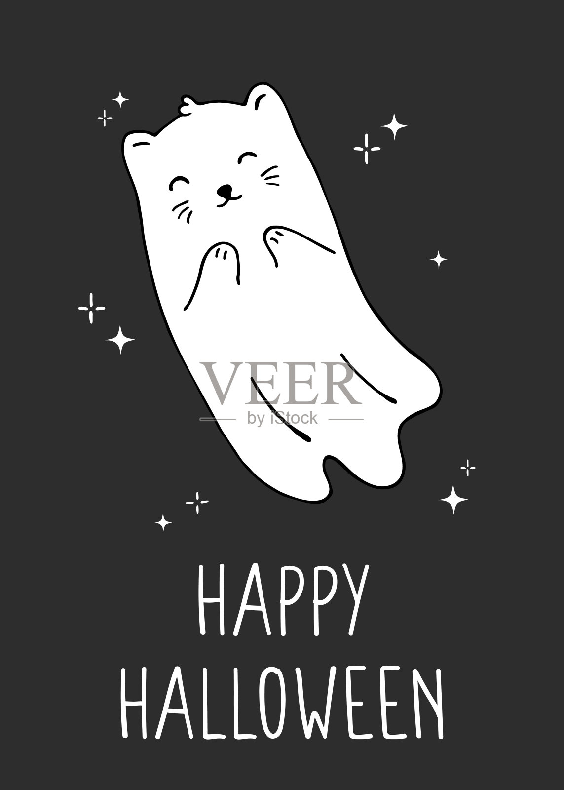 万圣节矢量插图与可爱的鬼猫。可爱的猫在黑暗的背景。矢量打印贺卡，海报，邀请或其他可打印的设计。插画图片素材