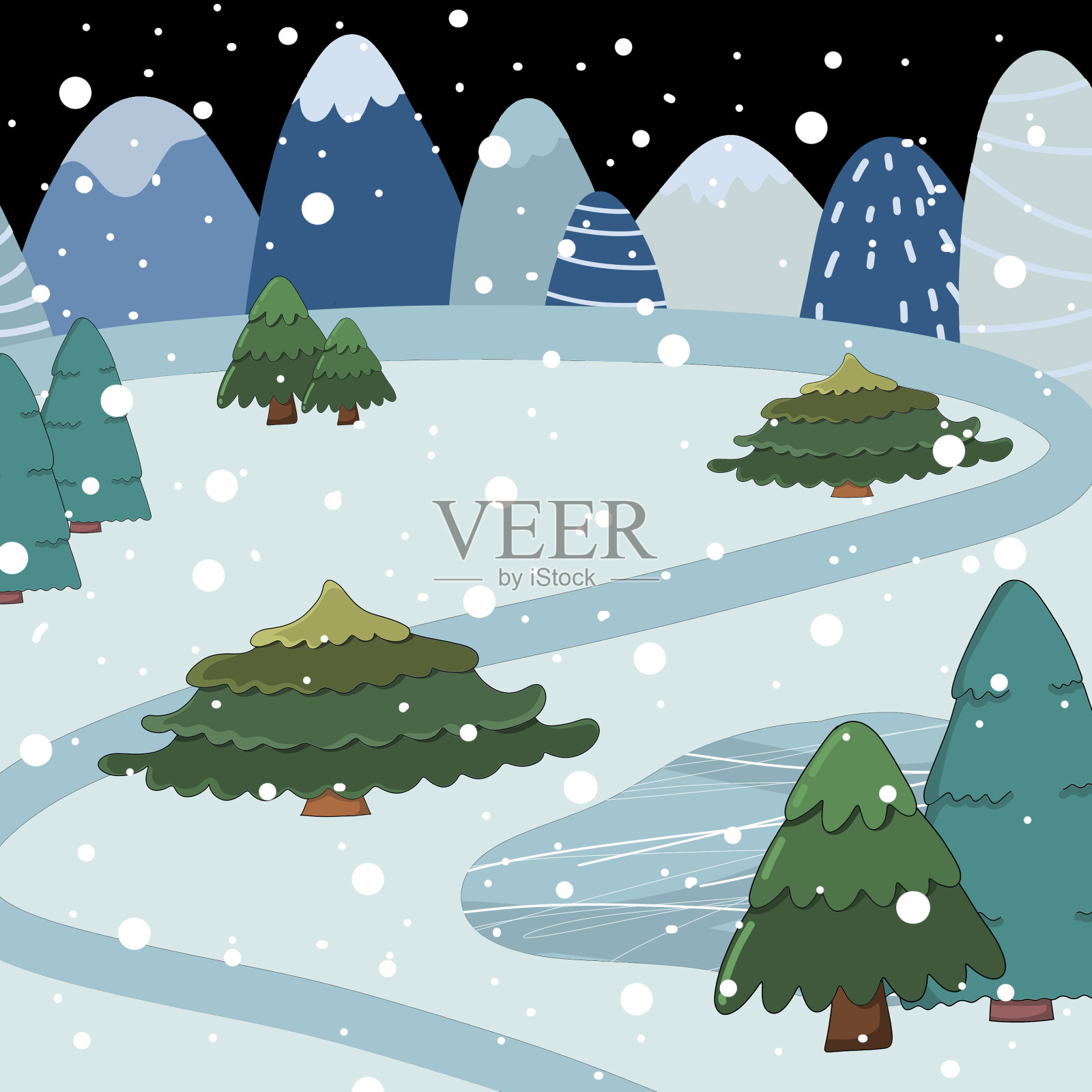以雪、山和圣诞树为背景，圣诞快乐，新年快乐插画图片素材