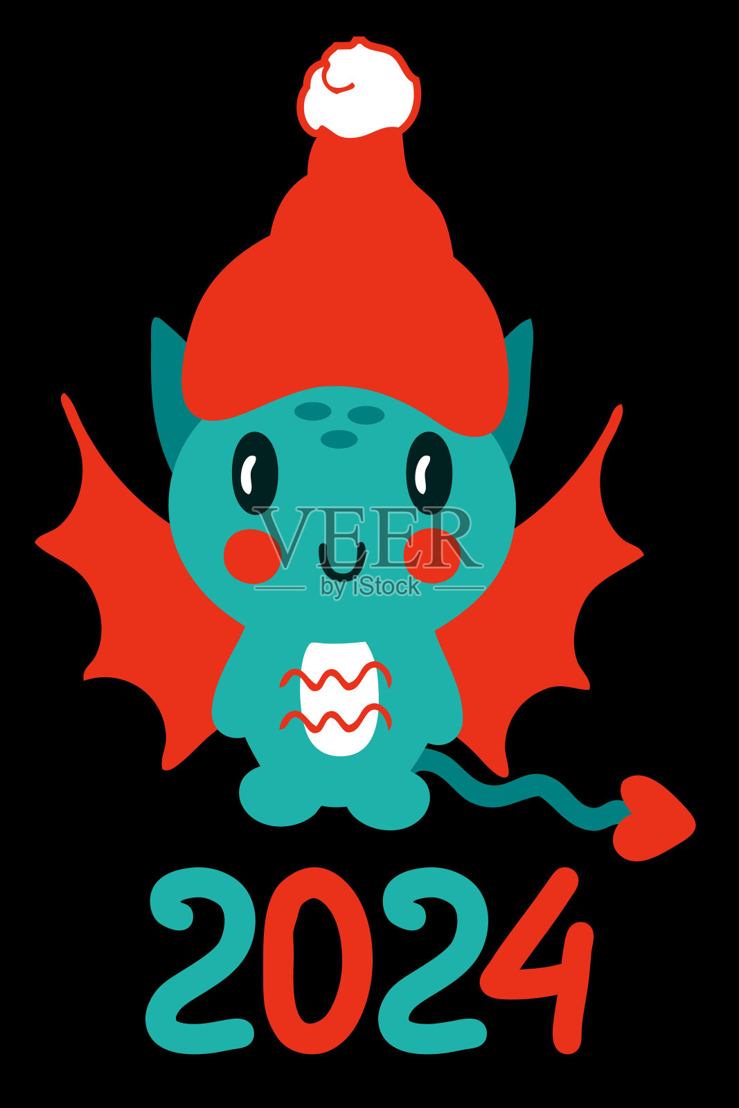 赤壁龙卡通人物2024年贺岁卡片模板。完美的t恤，海报，贴纸。涂鸦矢量插图。插画图片素材