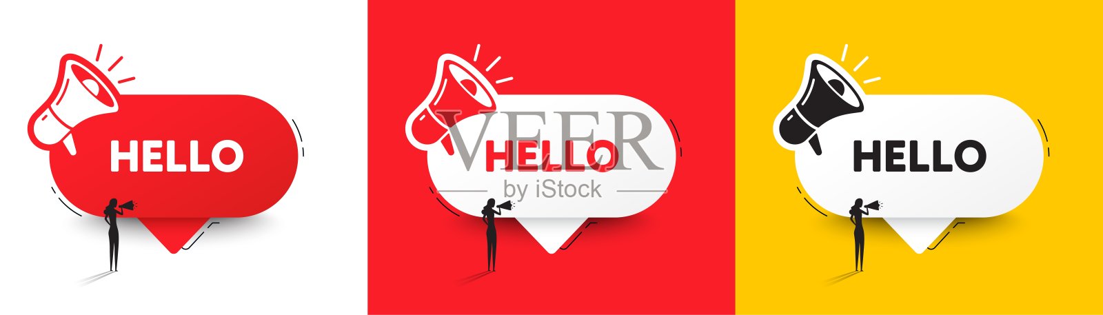 你好，欢迎标签。嗨，邀请函。带扩音器的语音气泡。向量插画图片素材