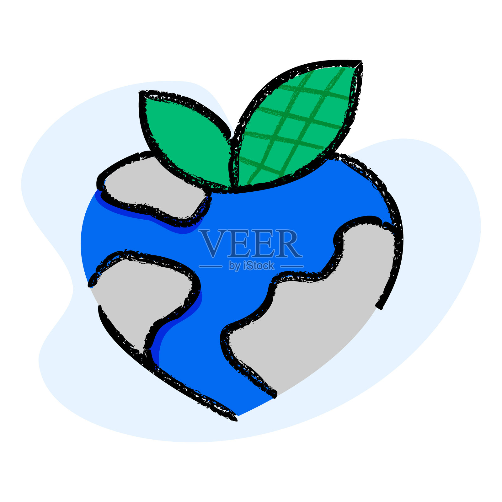 心形地球与两片叶子图标。一个心形的地球图标，上面有两片叶子，代表爱、自然和可持续发展。插画图片素材