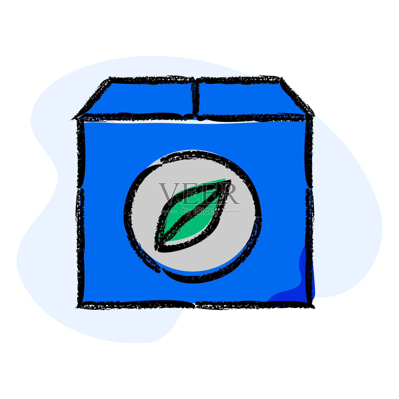 带有叶子图标的产品包装。产品包装上的叶子图标，代表产品的可持续性、生态友好性或环境效益。插画图片素材