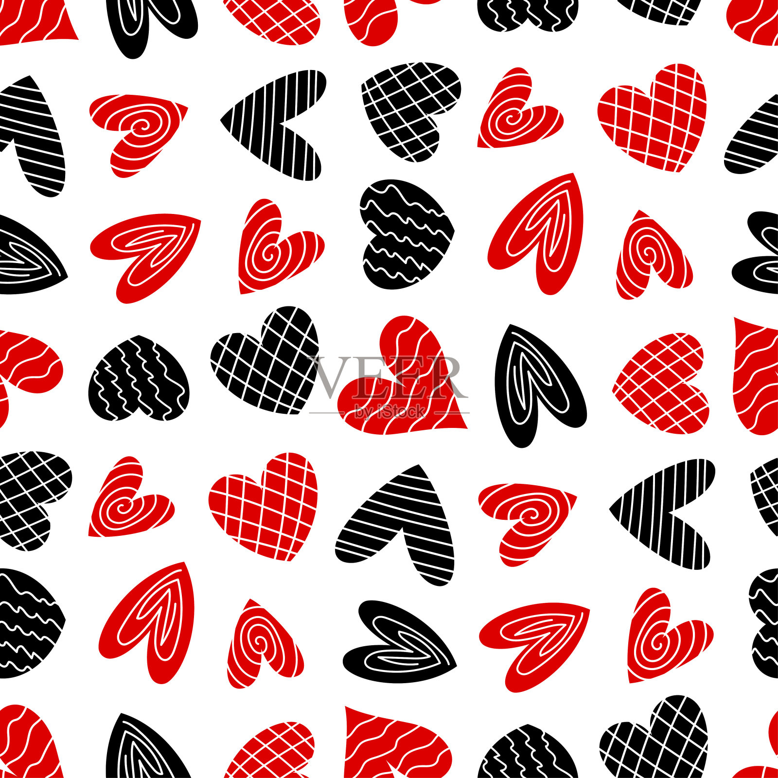 小的黑色和红色条纹心形孤立在白色的背景。可爱的无缝图案。矢量简单的平面图形说明。纹理。插画图片素材