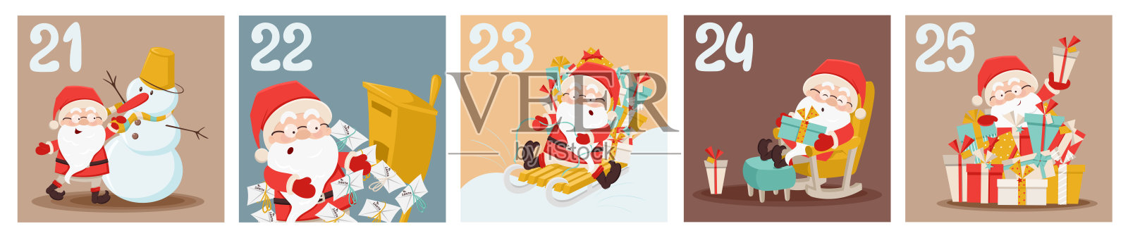 可爱的圣诞日历上有圣诞老人、礼盒、圣诞树、礼物、卡通风格的雪花。第21、22、23、24、25天。倒数到25。圣诞节，新年彩色矢量插图插画图片素材