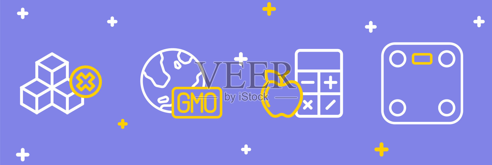 设置浴室秤，卡路里计算器，转基因和无糖图标。向量插画图片素材