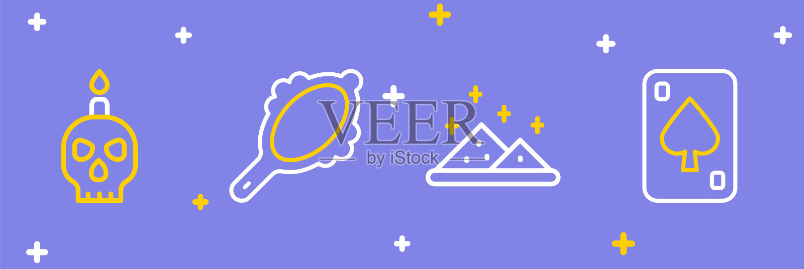 集线纸牌，魔法粉，手镜和燃烧的蜡烛在头骨图标。向量插画图片素材