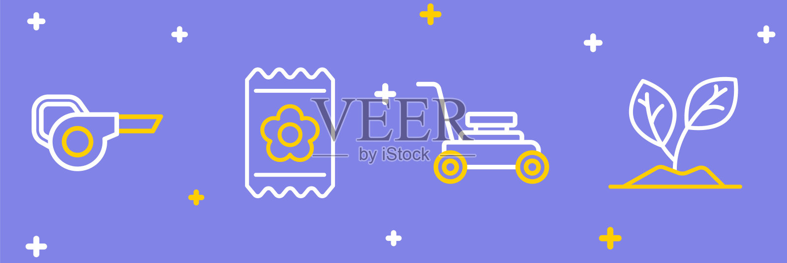 设置线发芽，割草机，包装充满种子和叶片花园鼓风机图标。向量插画图片素材