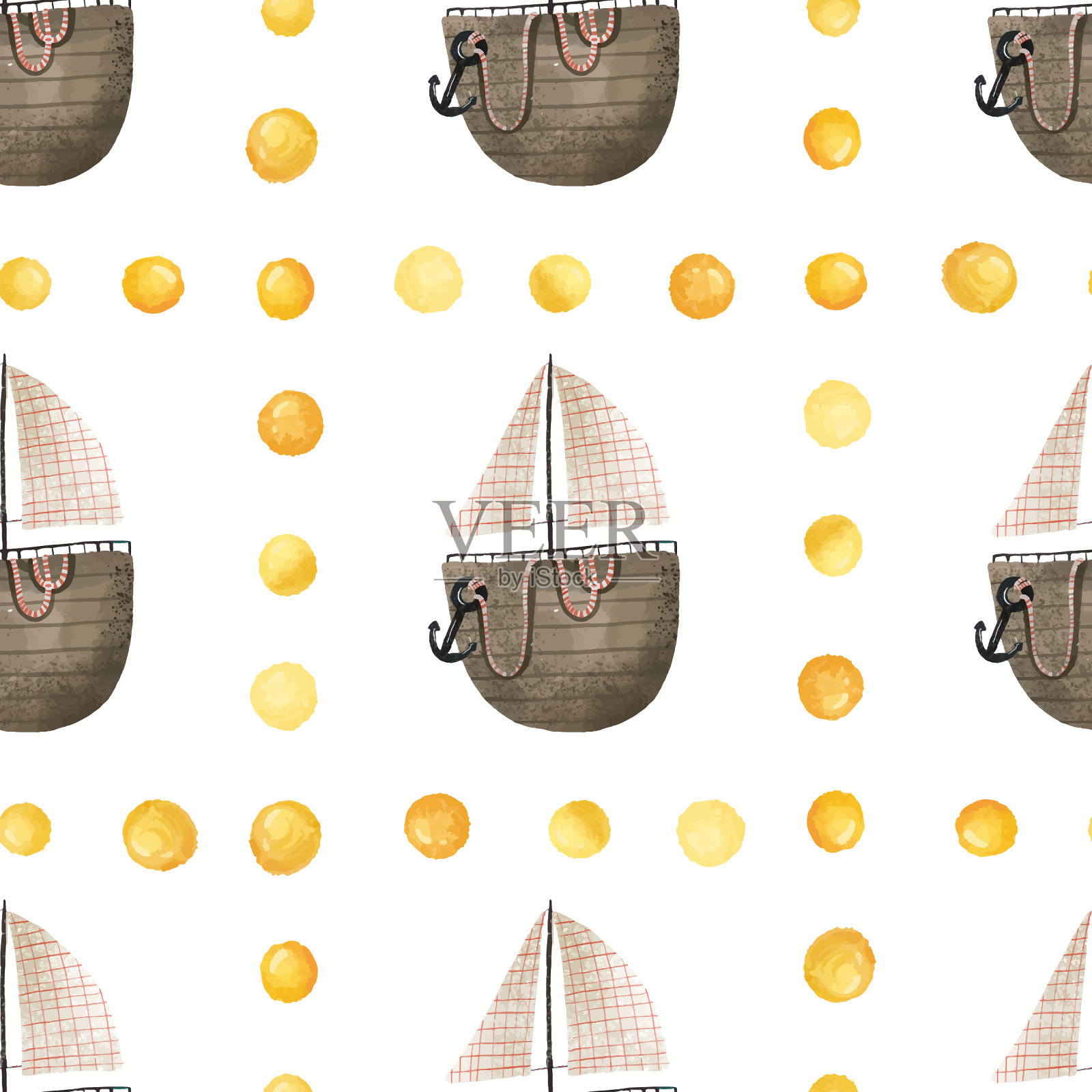 孩子气的无缝图案与木制游艇和金色滴。手绘孤立背景插画图片素材