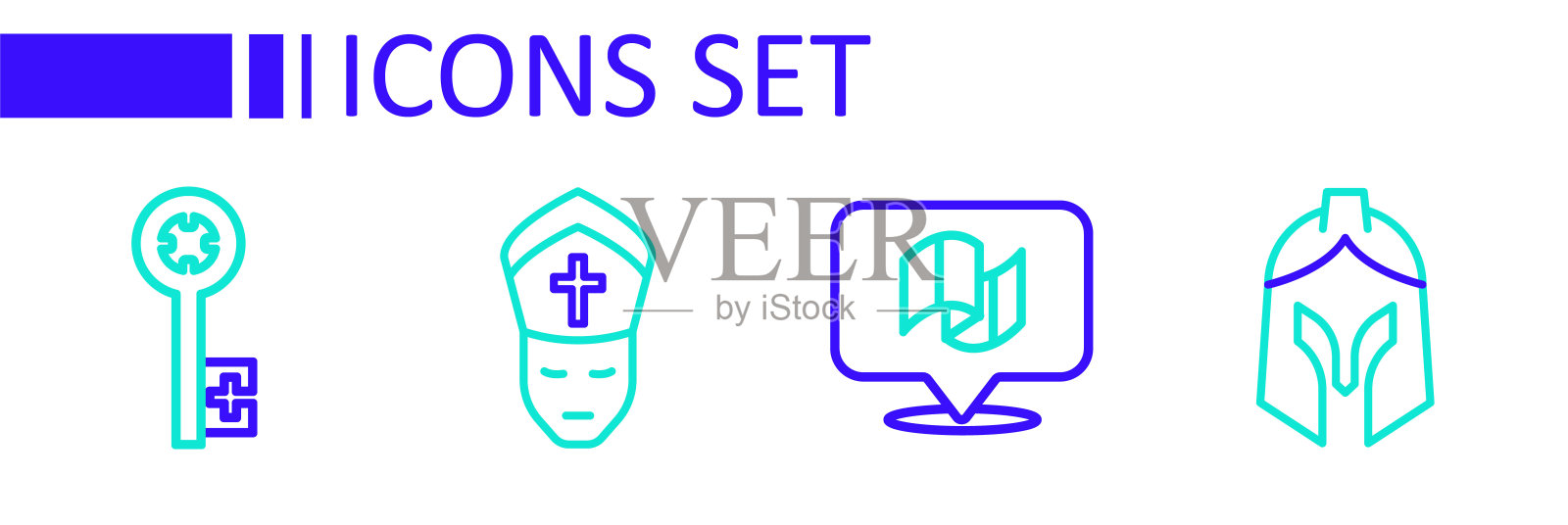 设定线罗马军队头盔，国旗意大利，教皇和老钥匙图标。向量插画图片素材