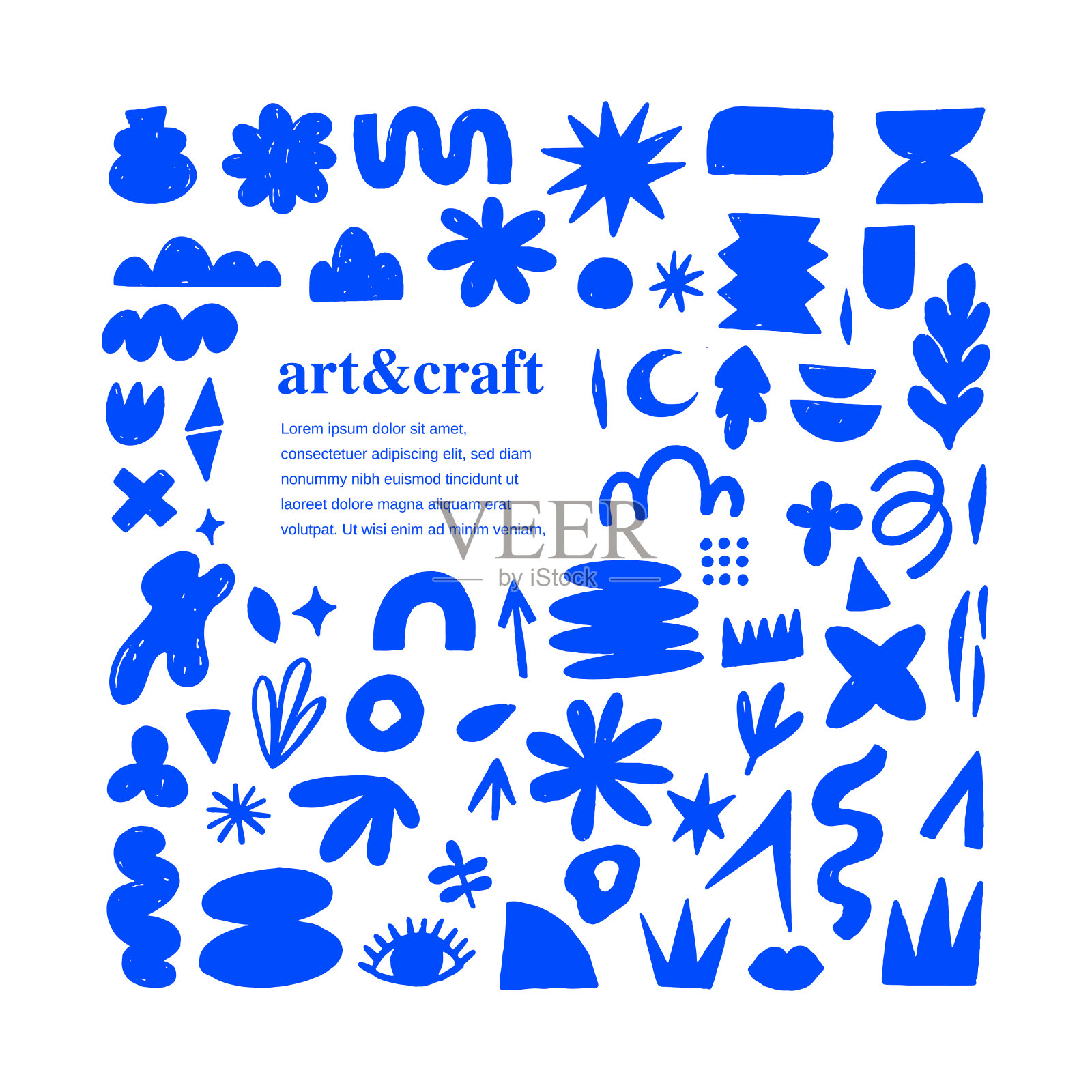 手绘天真，奇异的抽象几何形状和形式。现代当代人物，各种有机形状和涂鸦对象，矢量图形元素插画图片素材