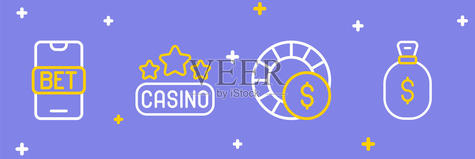 设定线钱袋，赌场筹码，招牌和在线体育投注图标。向量插画图片素材