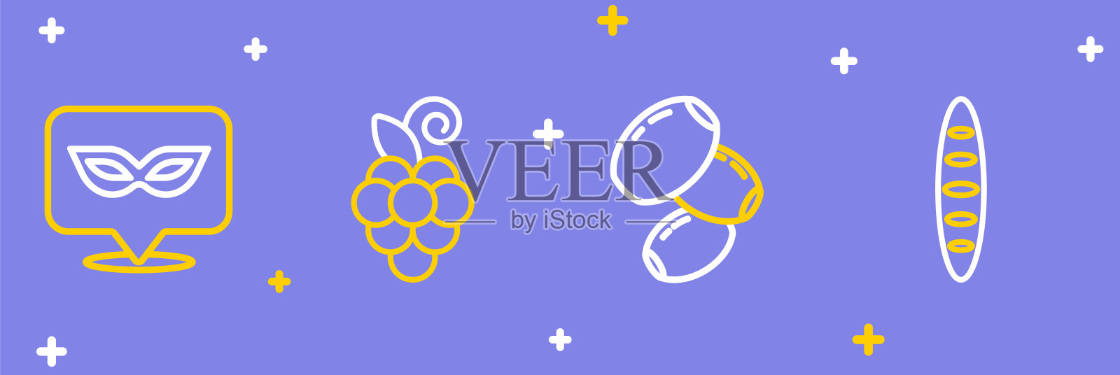 设置线法国法棍面包，橄榄，葡萄水果和嘉年华面具图标。向量插画图片素材