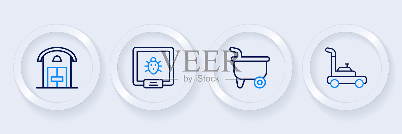 设线割草机，独轮手推车，科罗拉多甲虫和农场的房子图标。向量插画图片素材
