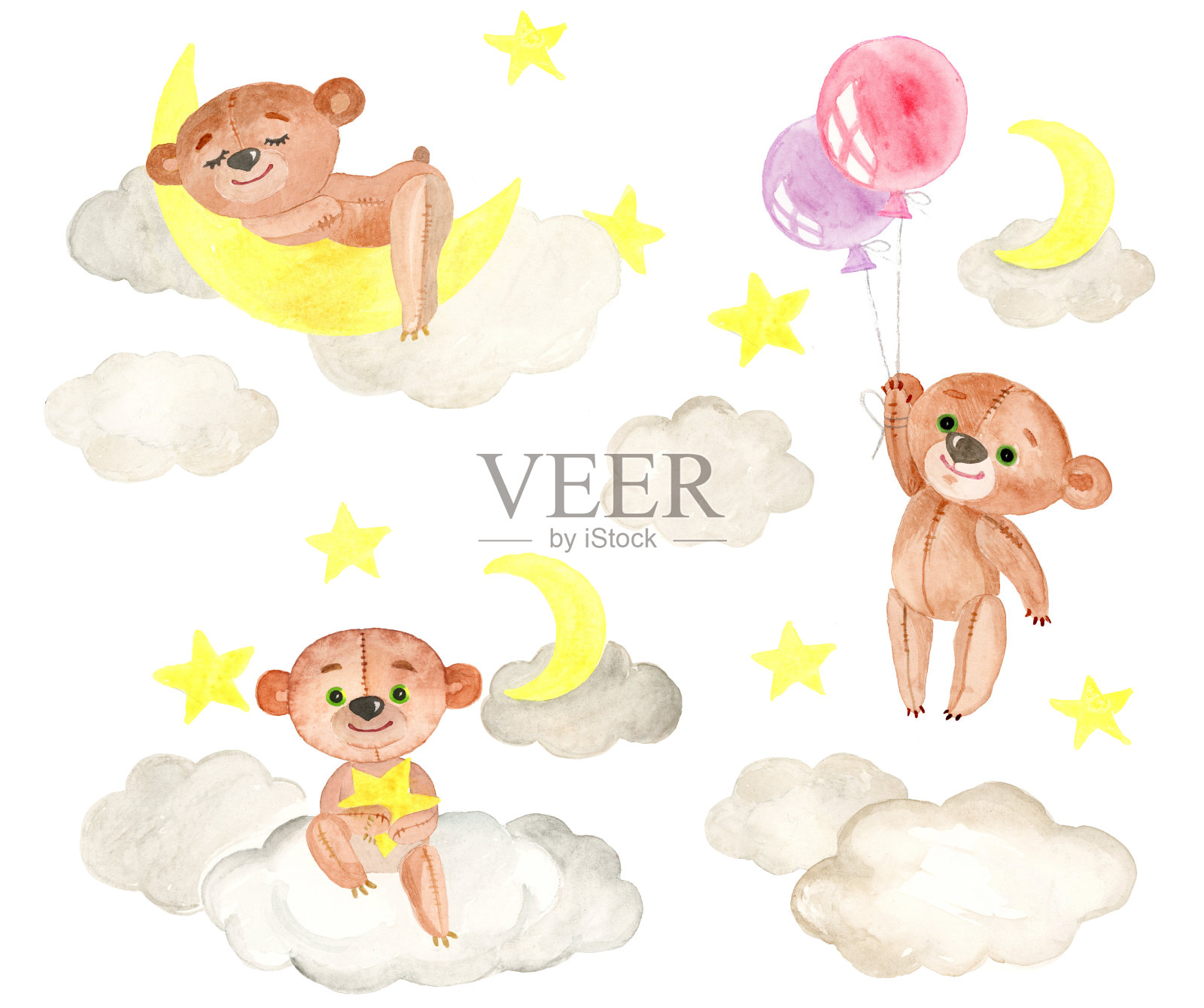 背景是手绘的有趣的熊。时尚的设计。可爱的小熊坐着气球在云中飞翔，坐在云上，在月亮上睡觉;水彩手绘插画;插画图片素材