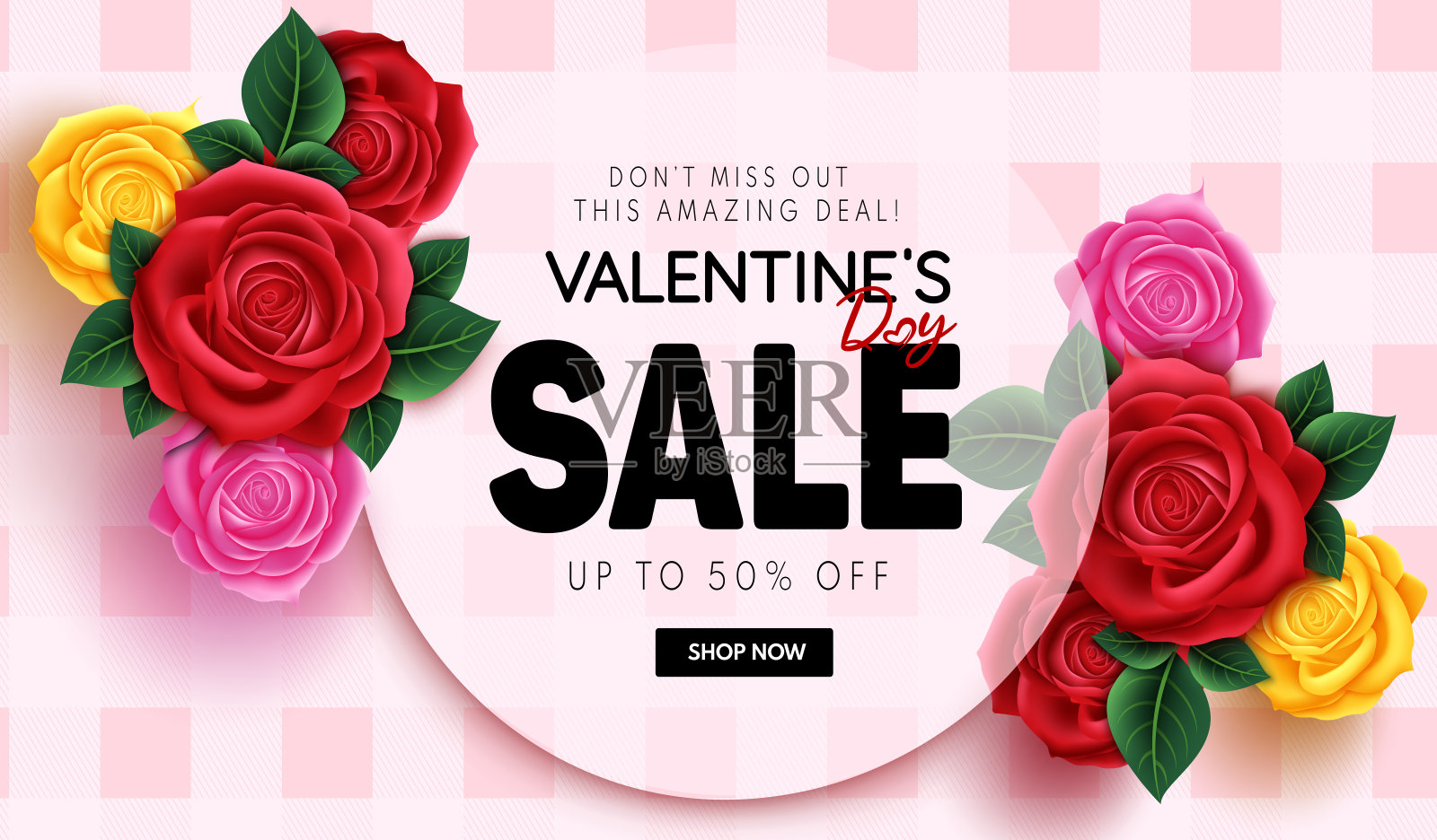 情人节的销售文本矢量模板设计。情人节快乐促销优惠，圆框玫瑰装饰元素。插画图片素材