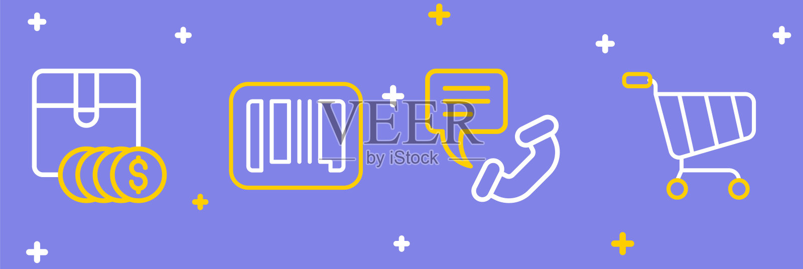 设置线购物车，电话24小时支持，条形码和项目价格标签与美元图标。向量插画图片素材