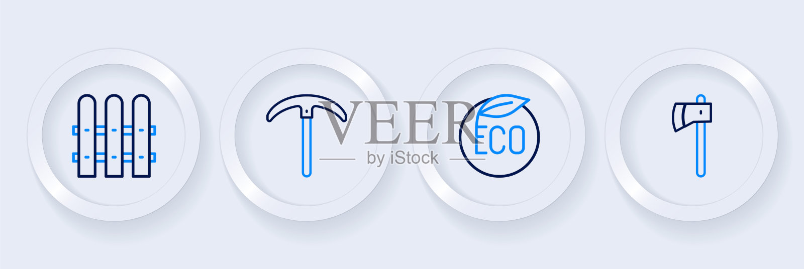 集线木斧，生态健康食品，鹤嘴锄和花园围栏木制图标。向量插画图片素材