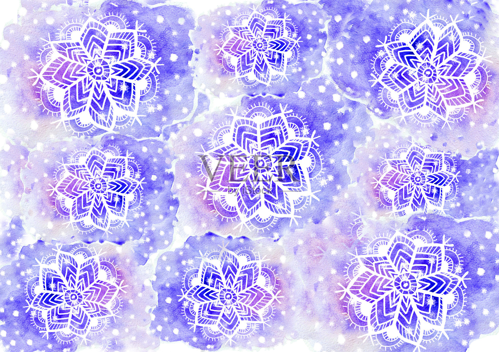 白色雪花和装饰的蓝色水彩背景图案。插画图片素材