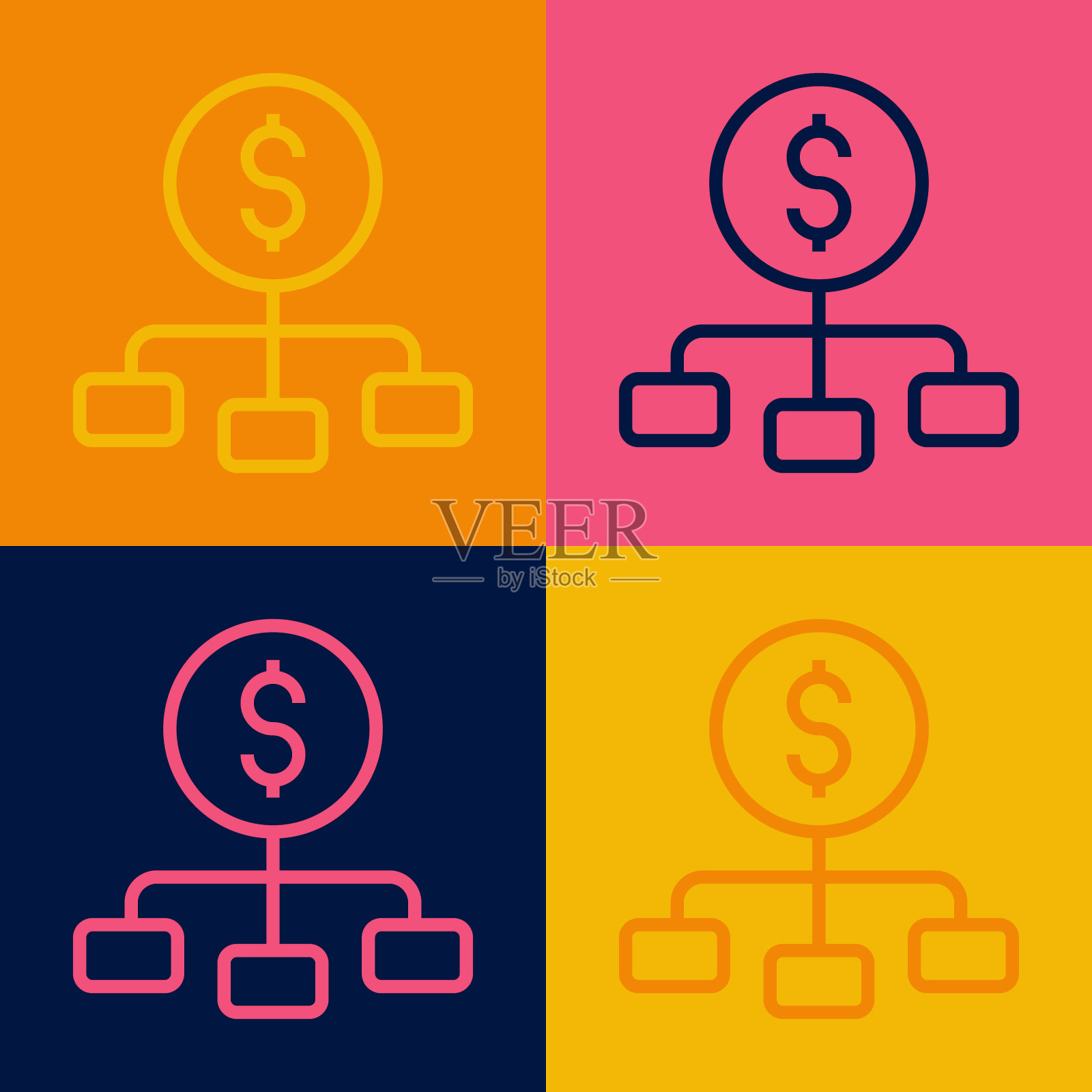 波普艺术线美元在金融层次的顶部图标孤立的颜色背景。向量插画图片素材