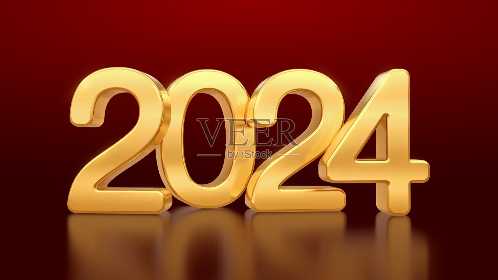 2024年新年快乐。红色背景上的金色3D数字2024。现实的节日金属豪华黄金数字。圣诞快乐，新年祝福。矢量插图。插画图片素材