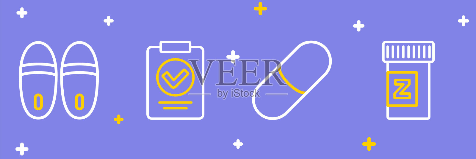 设置线路安眠药，医疗处方和拖鞋图标。向量插画图片素材