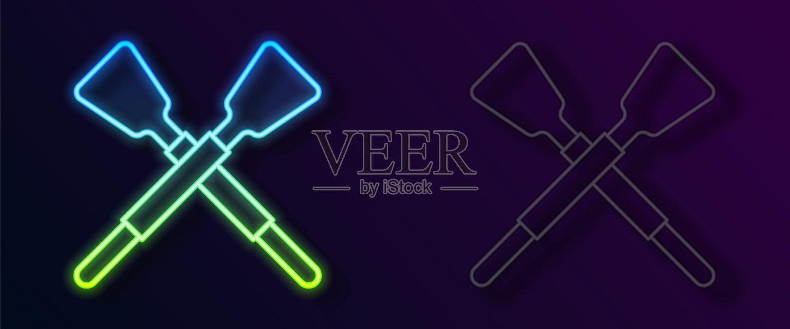 发光的霓虹线交叉桨或桨船图标孤立的黑色背景。向量插画图片素材