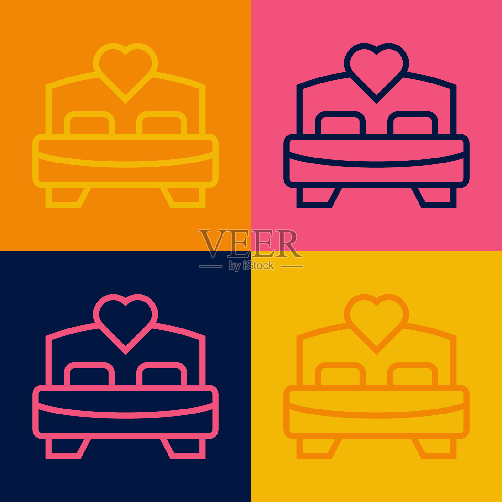波普艺术线卧室图标孤立的颜色背景。婚礼，爱情，婚姻的象征。卧室创意图标从蜜月收集。向量插画图片素材