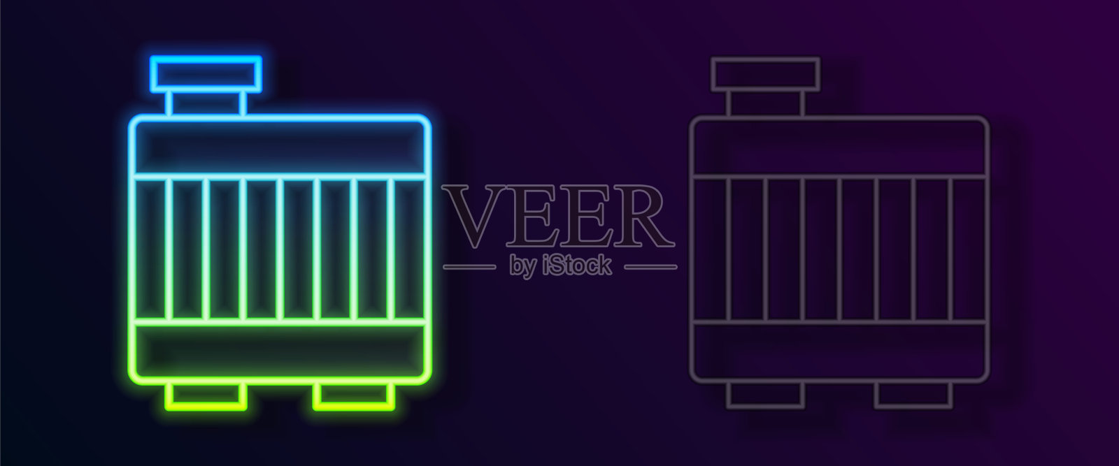 发光的霓虹灯线汽车散热器冷却系统图标孤立的黑色背景。向量插画图片素材